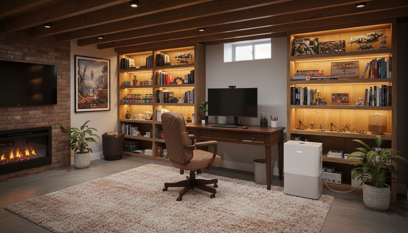 Gemütlicher Kellerraum mit Homeoffice-Ecke, warmem Licht und Regalsystem