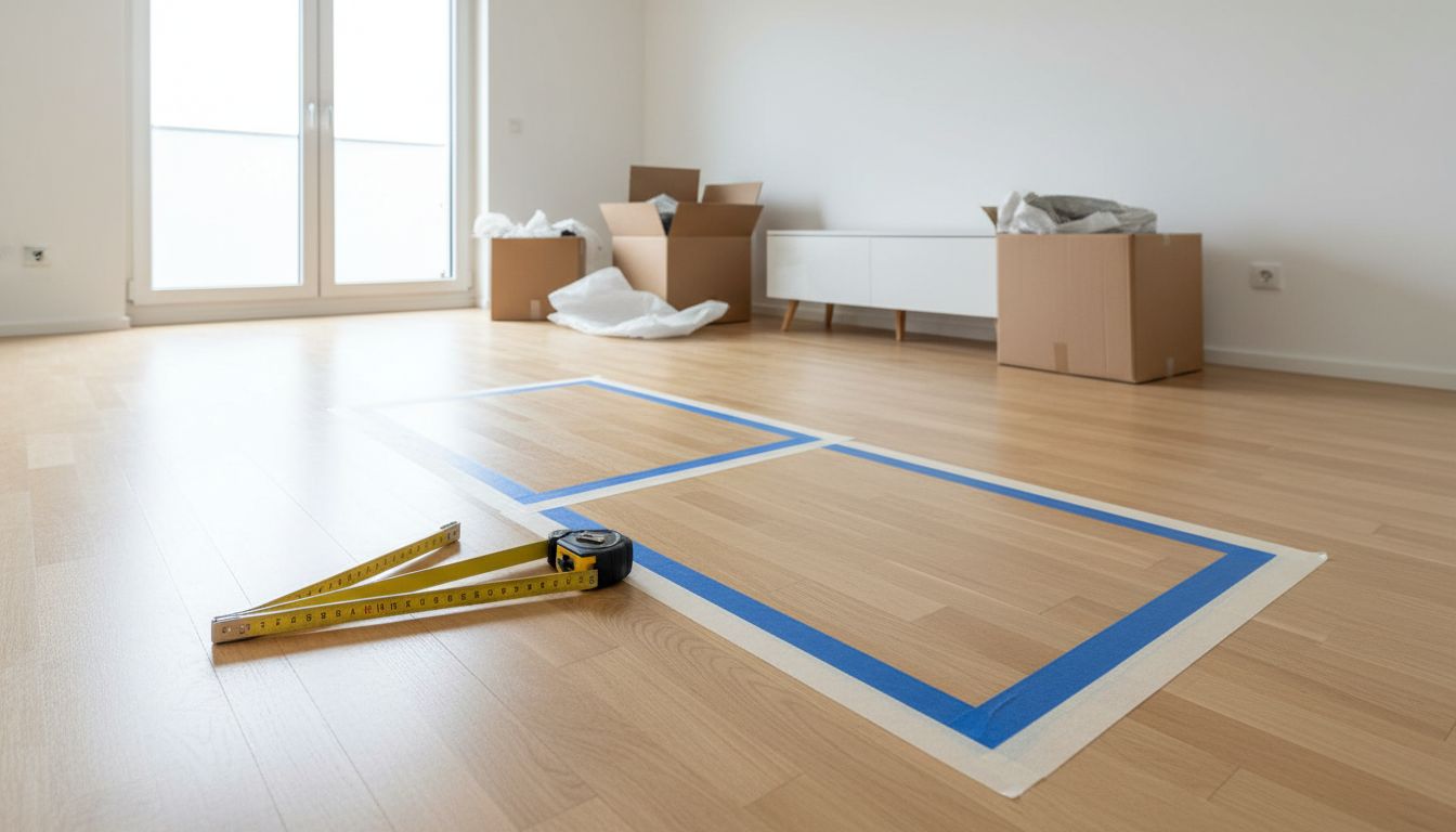 Leeres Neubau-Zimmer mit Klebeband-Markierung auf dem Parkett und einem Zollstock, im Hintergrund Umzugskartons und ein weißes Sideboard