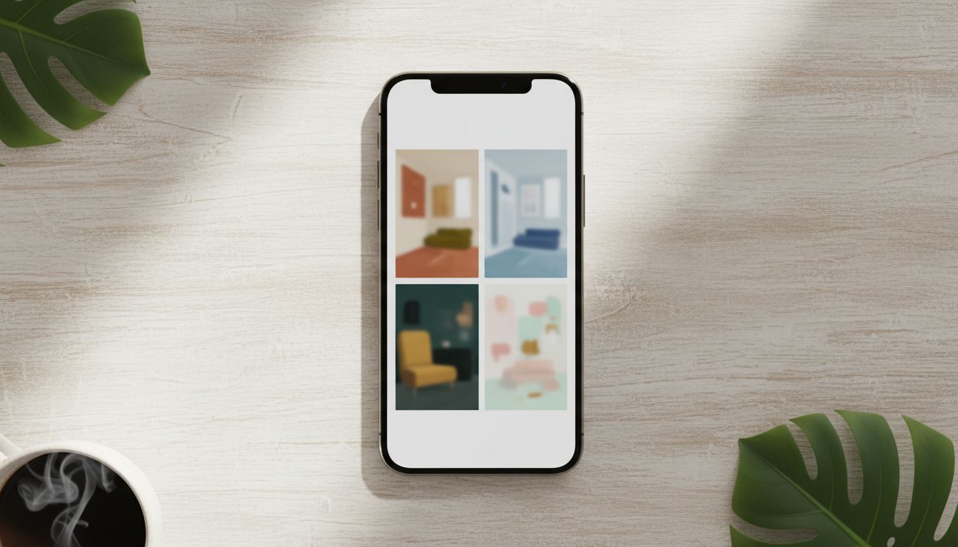 Smartphone auf einem Holztisch zeigt vier kleine abstrakte Vorschaubilder verschiedener Einrichtungsstile nebeneinander