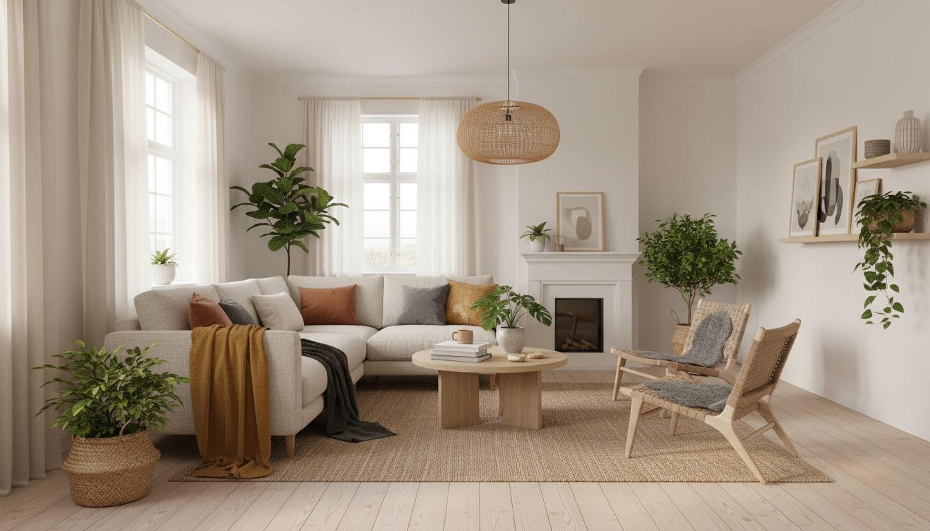 Gemütliches, helles Wohnzimmer im skandinavischen Stil mit hellem Holz und warmen Textilien