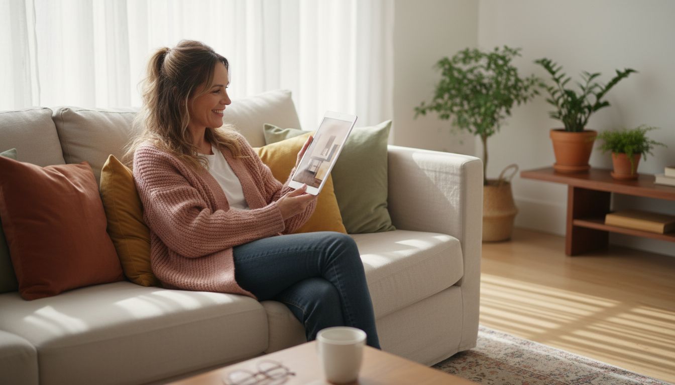 Frau sitzt entspannt auf dem Sofa und schaut sich nachdenklich lächelnd verschiedene Einrichtungsstile auf einem Tablet an