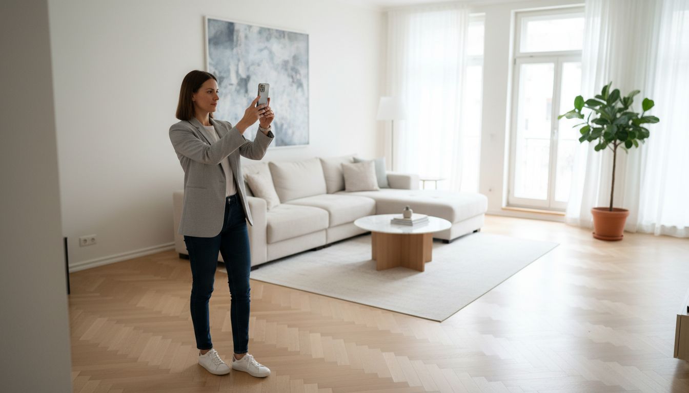 Einrichtungsprofi fotografiert einen Bestandsraum mit dem Smartphone für die KI-Raumanalyse vor der Erstberatung