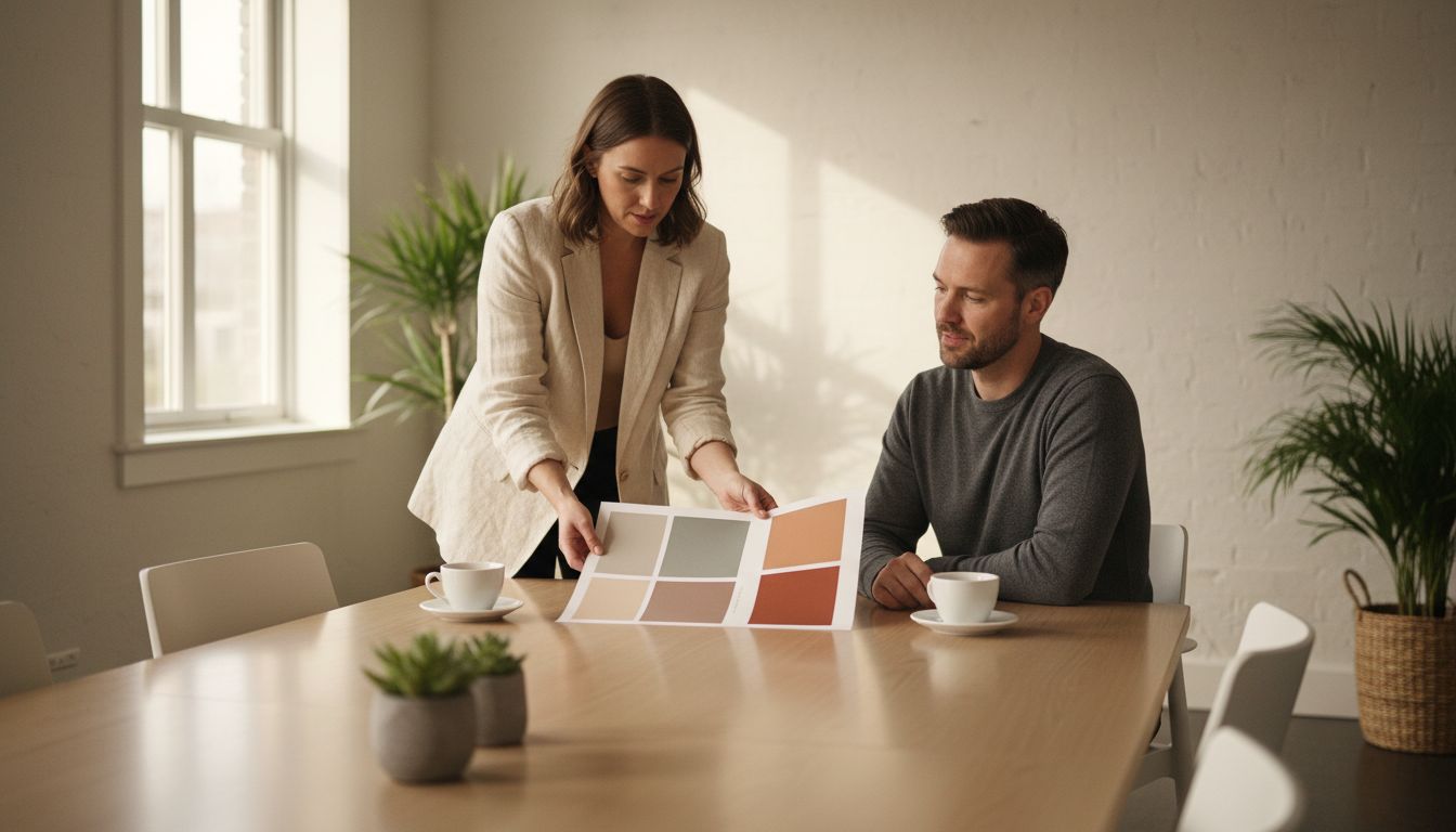 Innenarchitekt bespricht einen ausgedruckten Design-Report mit Kostenschätzung und Farbpalette bei einer Kundenpräsentation