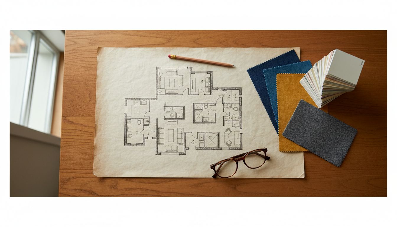 Vergleich verschiedener KI-Innendesign-Anbieter: Tablet mit Raumplaner-App neben Grundrisszeichnung und Stoffmustern