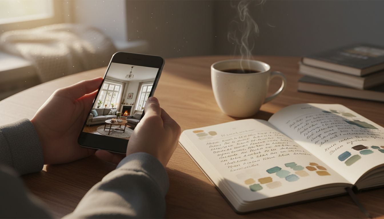 Workflow von der KI-Raumidee bis zur Umsetzung: Smartphone mit Raumfoto neben Notizen und Farbmustern auf einem Tisch