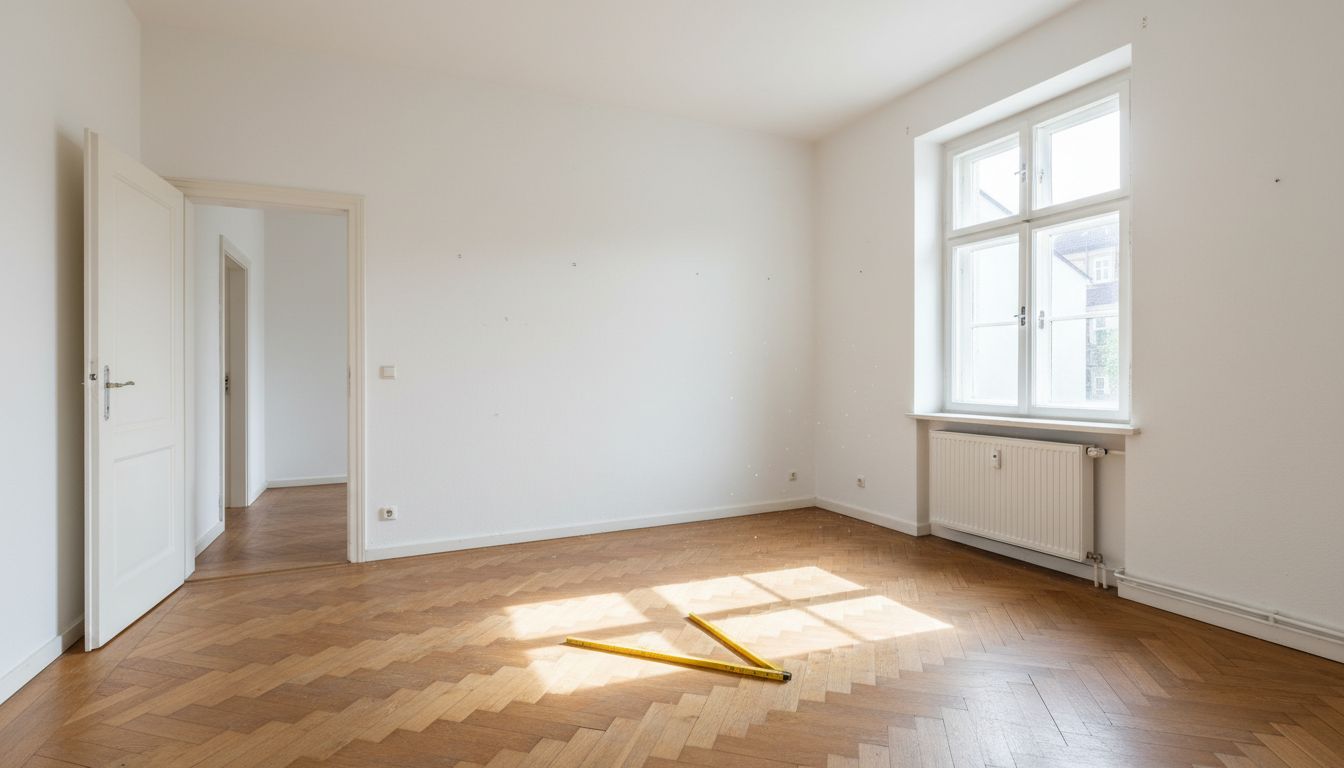 Leerer Raum in einer Altbauwohnung mit Fischgrätparkett, Heizkörper unter dem Fenster und Zollstock auf dem Boden