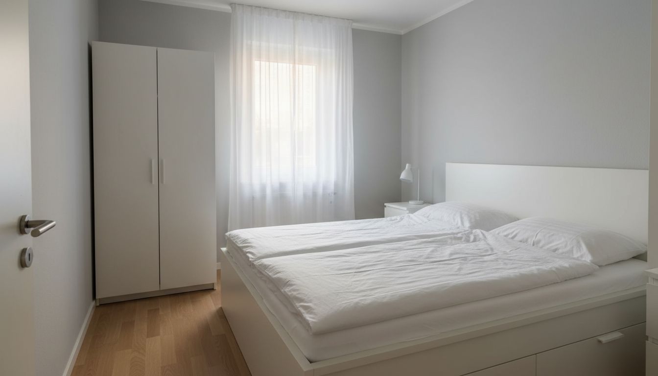 Kleines Schlafzimmer im Neubau mit Doppelbett, weißem Kleiderschrank und Fenster mit Vorhang