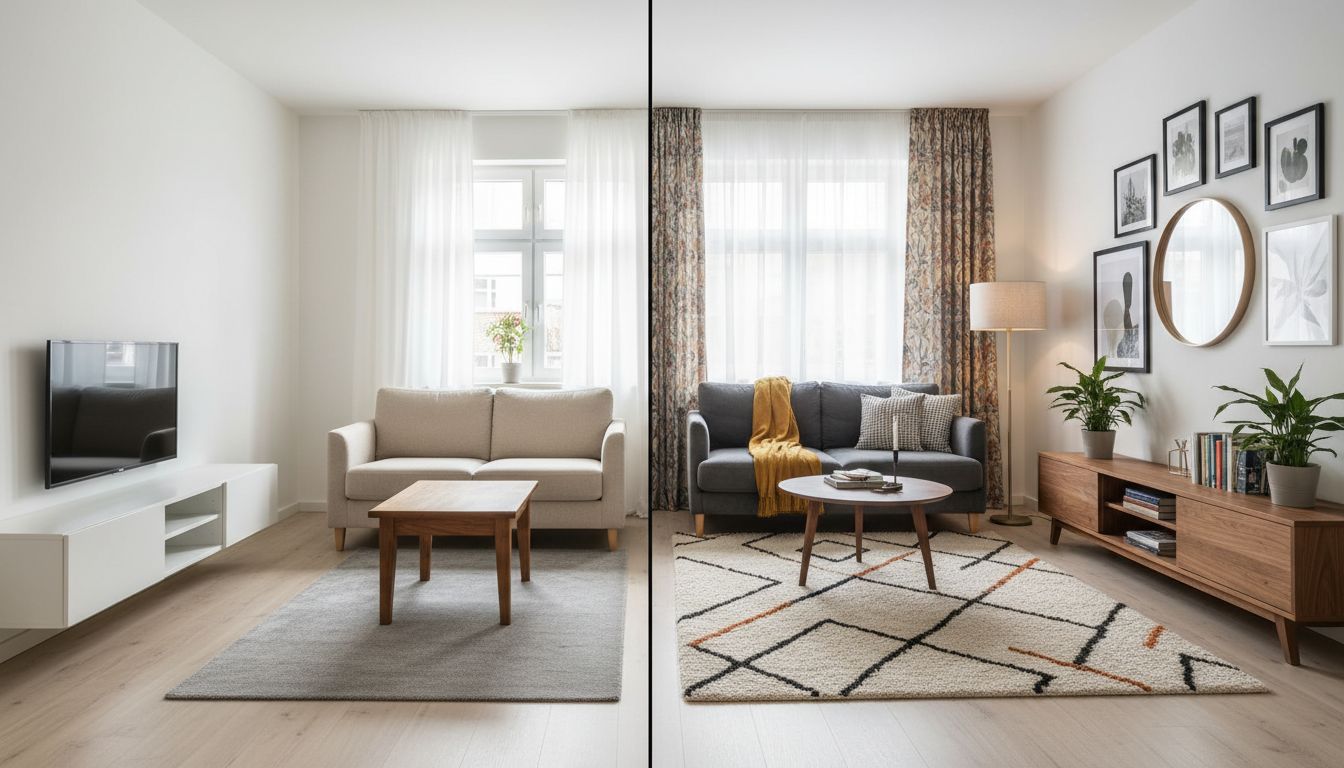 Split-Screen-Vergleich eines Wohnzimmers: KI-Design mit Wasserzeichen im Gratis-Tarif neben derselben Ansicht ohne Wasserzeichen im Pro-Tarif