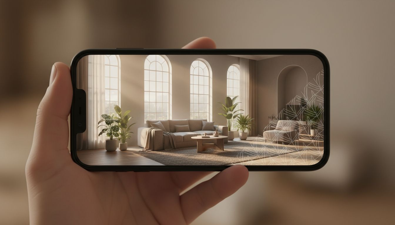 Nahaufnahme eines Smartphone-Bildschirms mit KI-generiertem Raumbild und dezentem Wasserzeichen in der Ecke