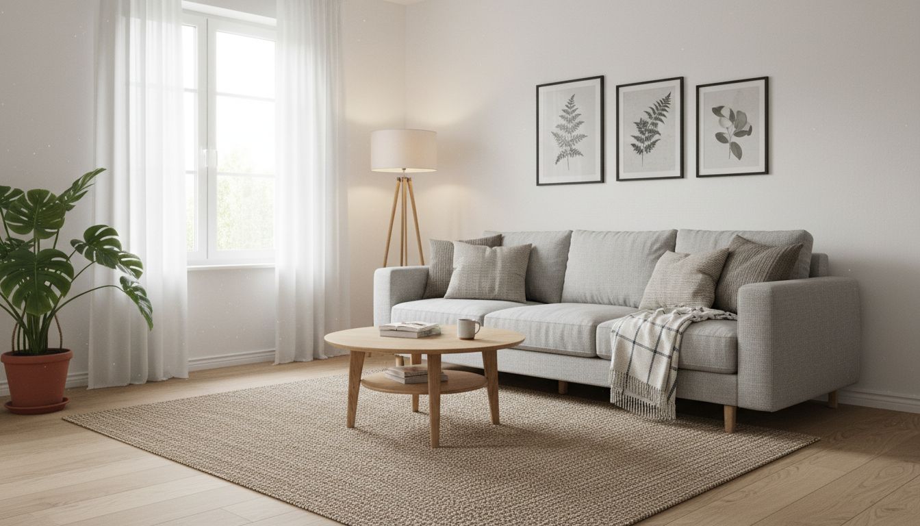 Gemütlich im skandinavischen Stil eingerichtetes Wohnzimmer mit Teppich, Stehlampe, Pflanze und Bildern