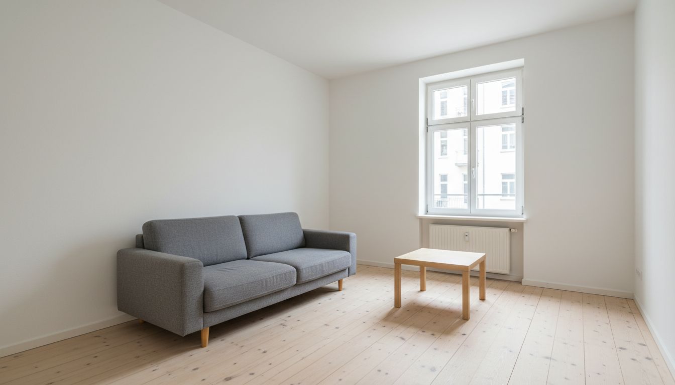 Schlicht möbliertes Wohnzimmer mit weißen Wänden, grauem Sofa und Holzdielen als Ausgangsfoto