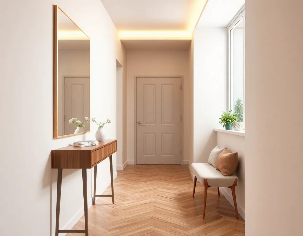 Schmaler Flur mit KI Wohndesign ohne Anmeldung neu gestaltet