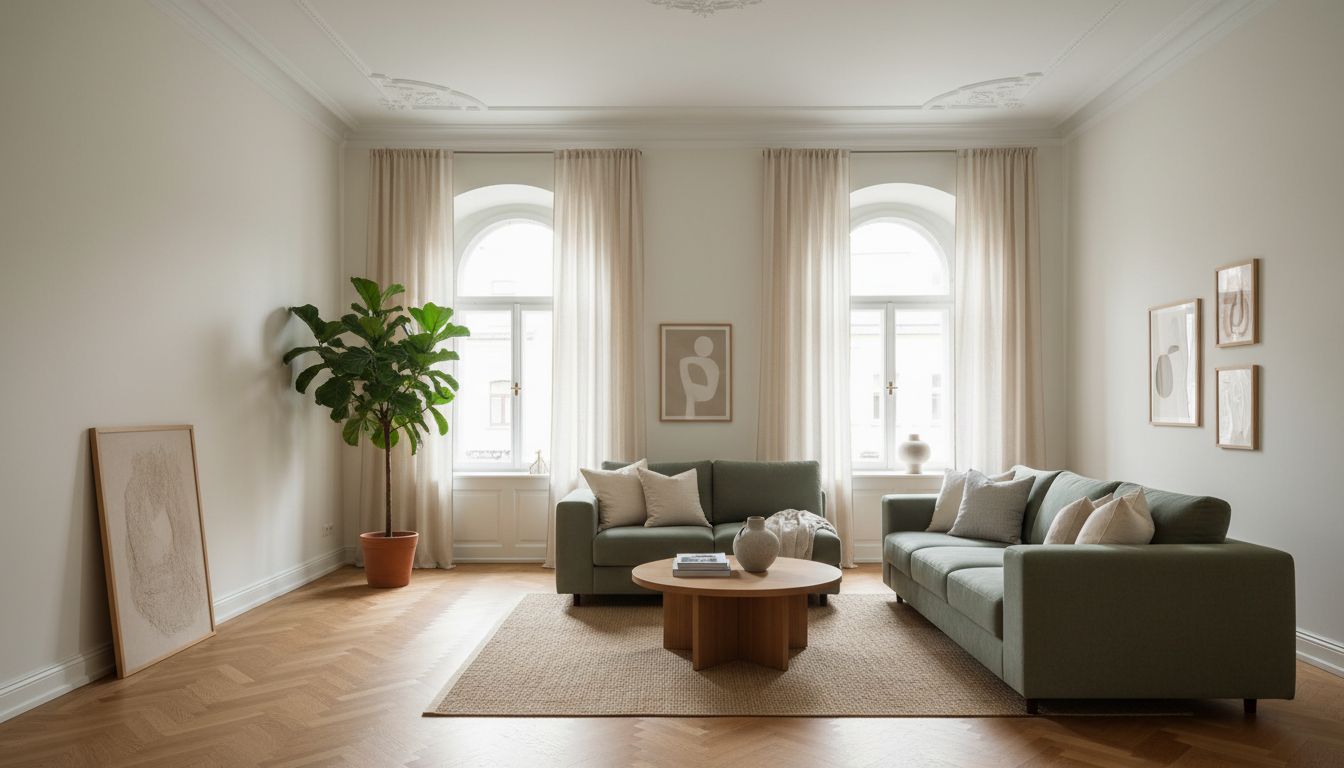 KI-Raumgestaltung ohne Foto: Konzeptbild eines Wohnzimmers im Altbau mit Fischgrätparkett, grünem Sofa und Leinenvorhängen