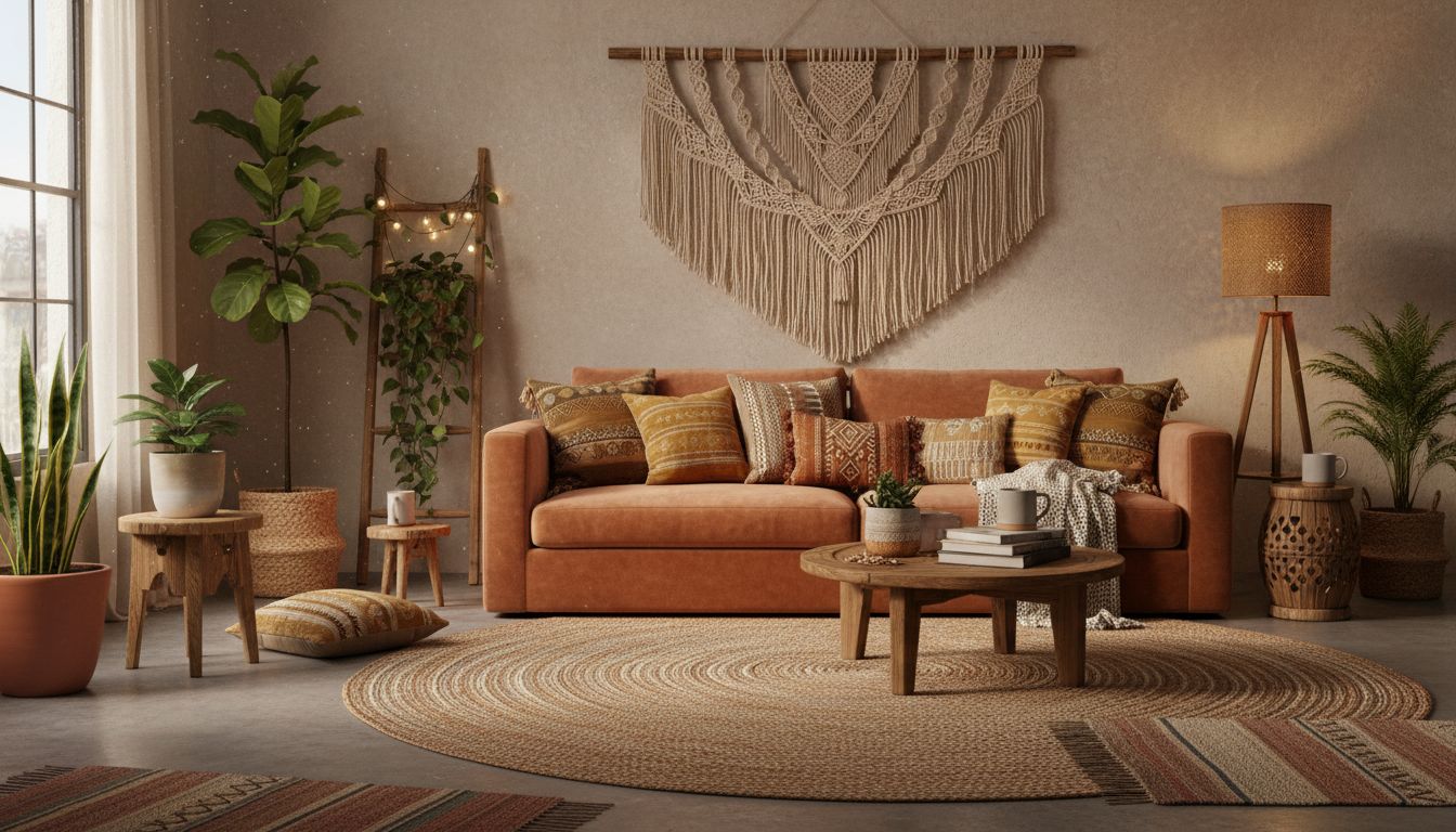 Gemütliches Boho Wohnzimmer gestaltet mit KI Raumplaner