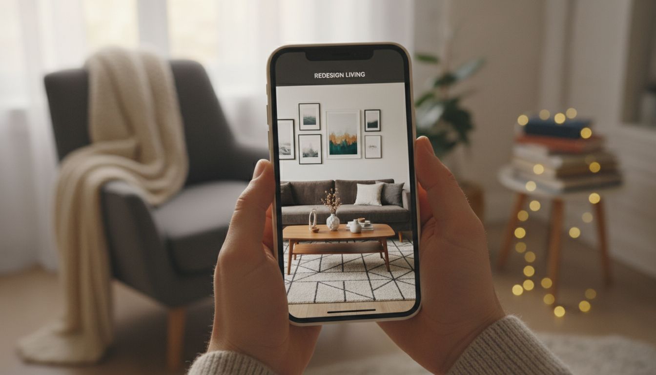 Nahaufnahme eines Smartphones mit einer KI-gestalteten Wohnzimmeransicht im Vergleich zum echten Raum im Hintergrund