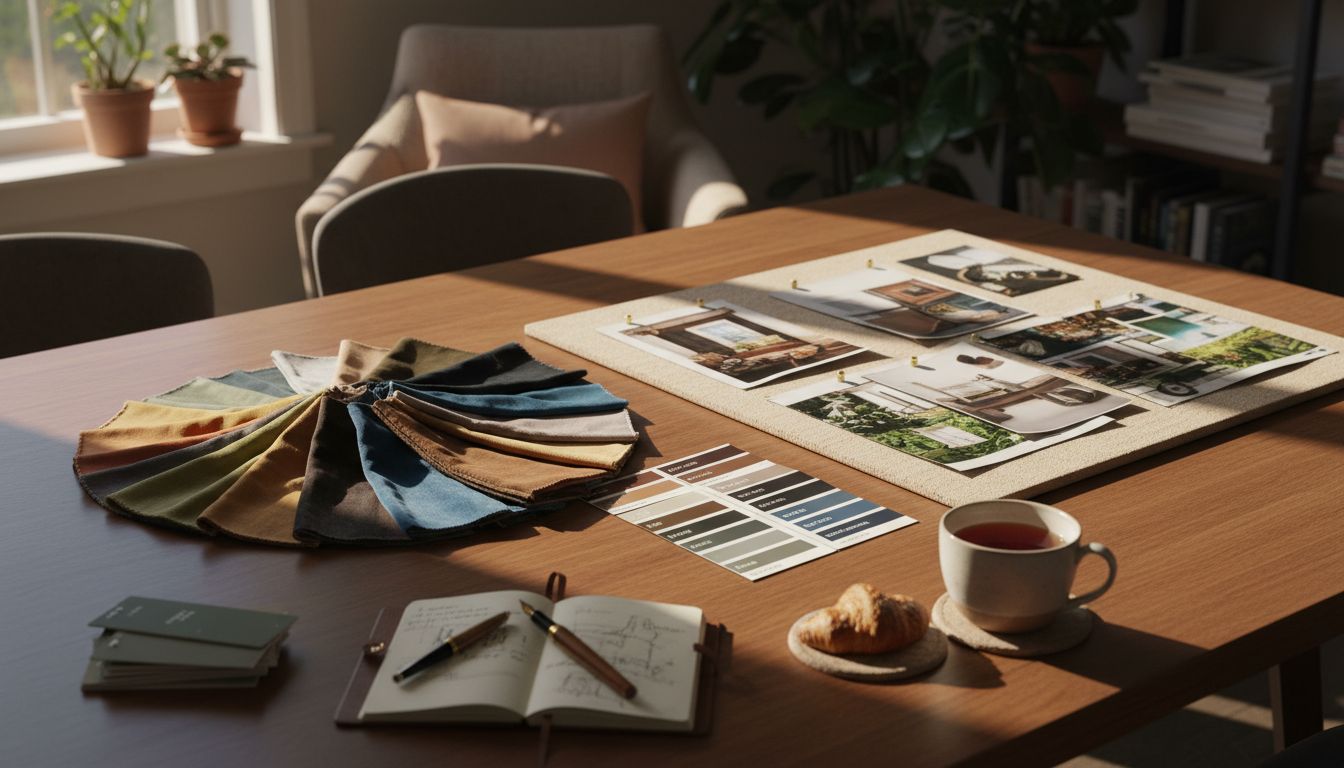 Klassische Innenarchitektur-Beratung mit Stoffmustern, Farbpaletten und Moodboard auf einem Holztisch