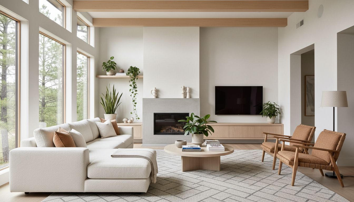 Fertig gestaltetes modernes skandinavisches Wohnzimmer mit hellen Naturtönen