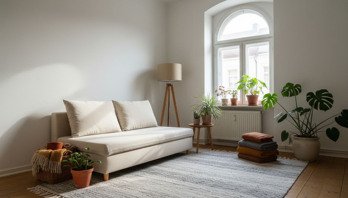 Gemütlich eingerichtetes Zimmer einer Mietwohnung mit freistehenden Möbeln, Pflanzen und Textilien ohne bauliche Veränderungen