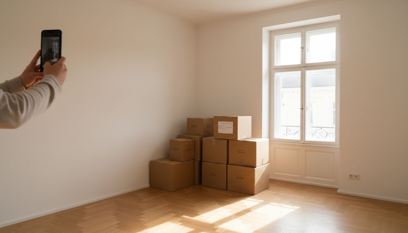 Wohnzimmer einer Mietwohnung wird für den KI-Raumplaner fotografiert, im Hintergrund stehen Umzugskartons