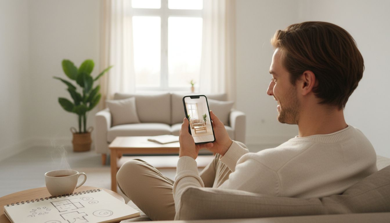 Junger Mann auf beigem Sofa in heller Berliner Wohnung lächelt zufrieden über sein Smartphone, das mit der DecorAI KI-Raumplaner App sein eigenes Wohnzimmer im Japandi-Stil visualisiert hat