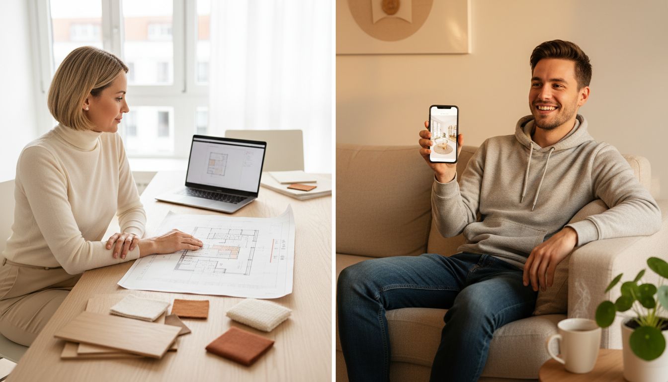KI-Raumplaner vs. Innenarchitekt im direkten Vergleich: links Innenarchitektin am Konferenztisch mit Grundriss und Materialmustern, rechts Mann zuhause auf Sofa mit Smartphone und DecorAI KI-App, die sein Wohnzimmer im Japandi-Stil zeigt