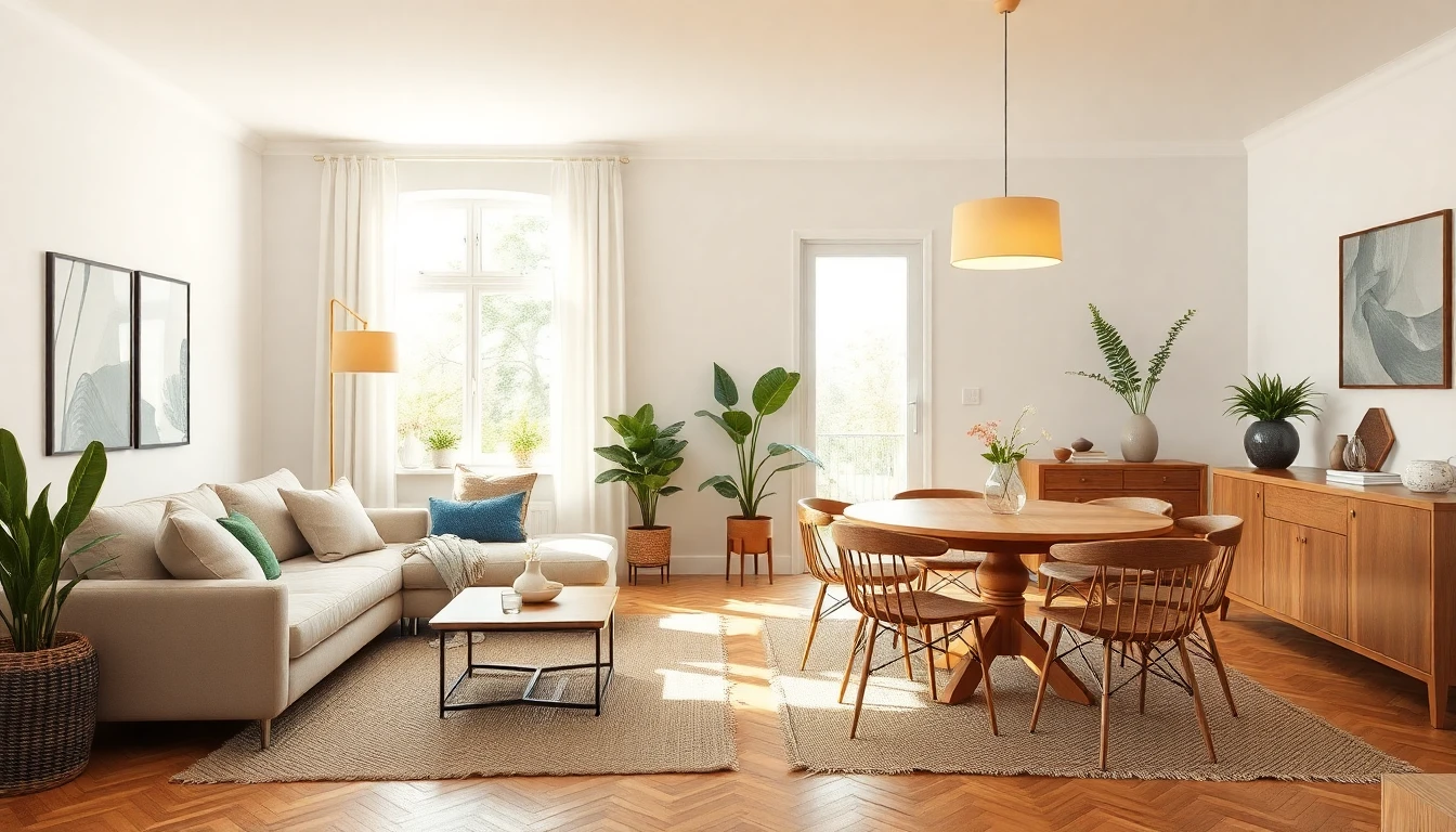 Vollständig eingerichtete deutsche Zweizimmerwohnung mit kohärentem neutralen Stil über Wohnzimmer und offenen Essbereich hinweg als Ergebnis strukturierter KI-Planung