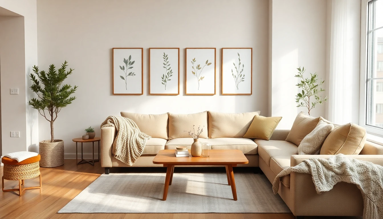 Modernes Wohnzimmer im warmen skandinavischen Stil mit beigem Leinensofa, Eichentisch und grüner Pflanze als Beispiel für ein klares Stilziel