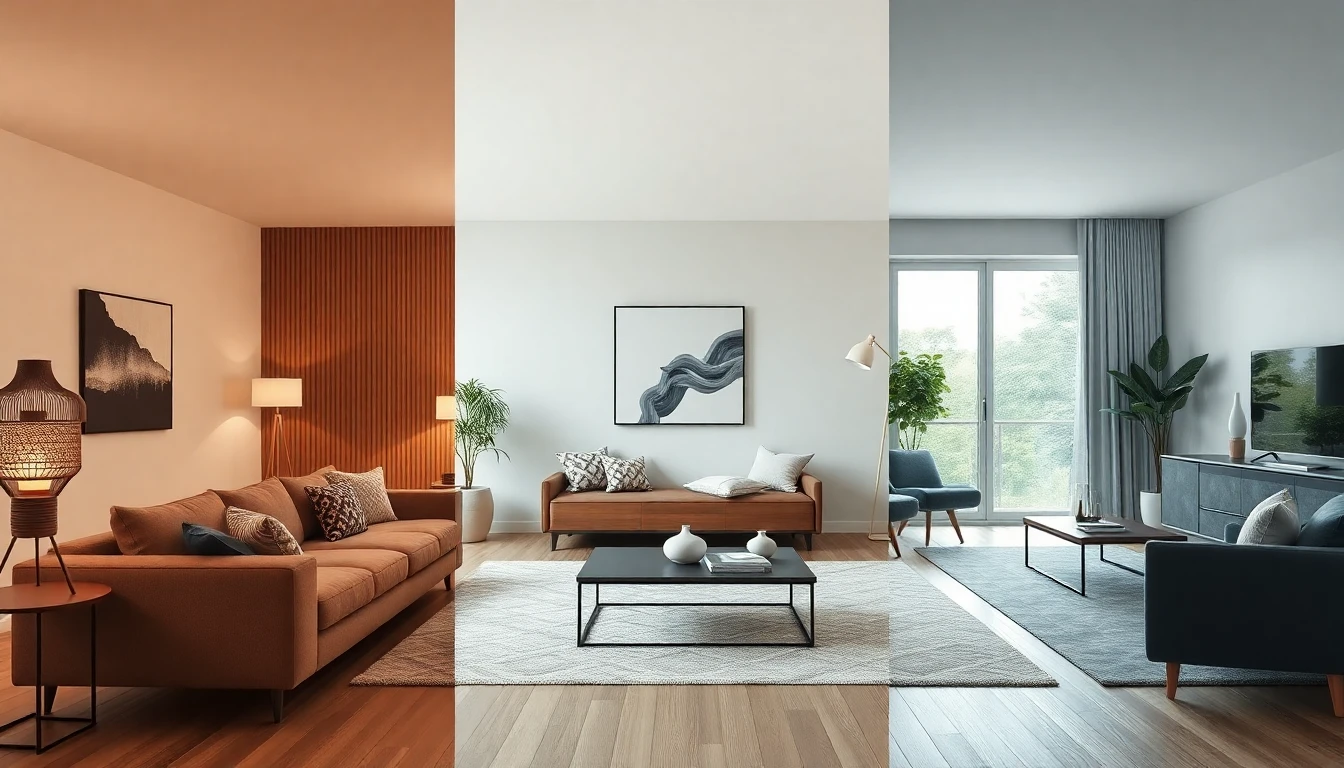 Drei parallele Varianten eines modernen Wohnzimmers – warm skandinavisch, ruhig japandi-inspiriert und mid-century modern – als Vergleichsansicht aus einer KI Wohnungsdesign App