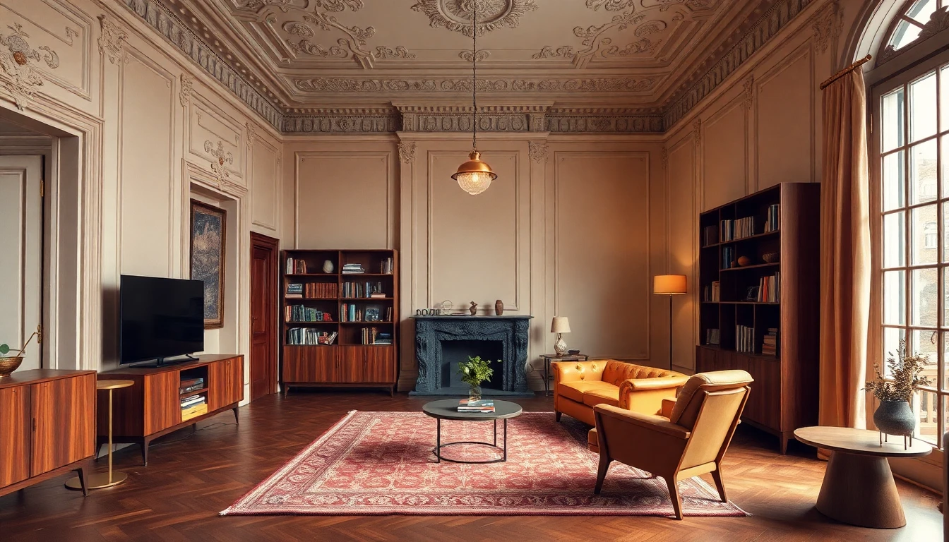 KI designter Altbau-Wohnraum im warmen Mid-Century-Stil mit Nussbaum-Sideboard, cognacfarbenem Ledersessel, Vintage-Teppich und Messing-Pendelleuchte