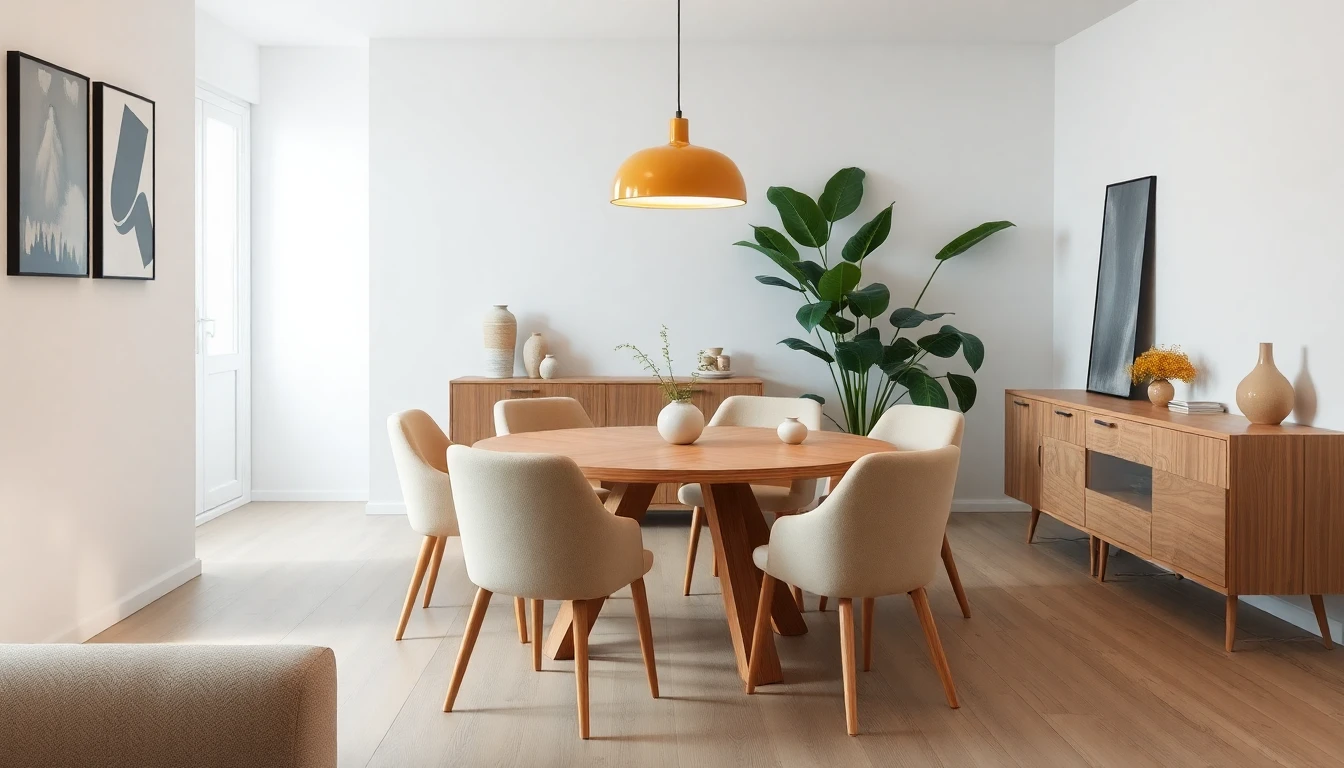 KI gestalteter moderner offener Essbereich mit rundem Eichentisch, vier gepolsterten beigen Stühlen, Pendelleuchte und Sideboard mit Keramik