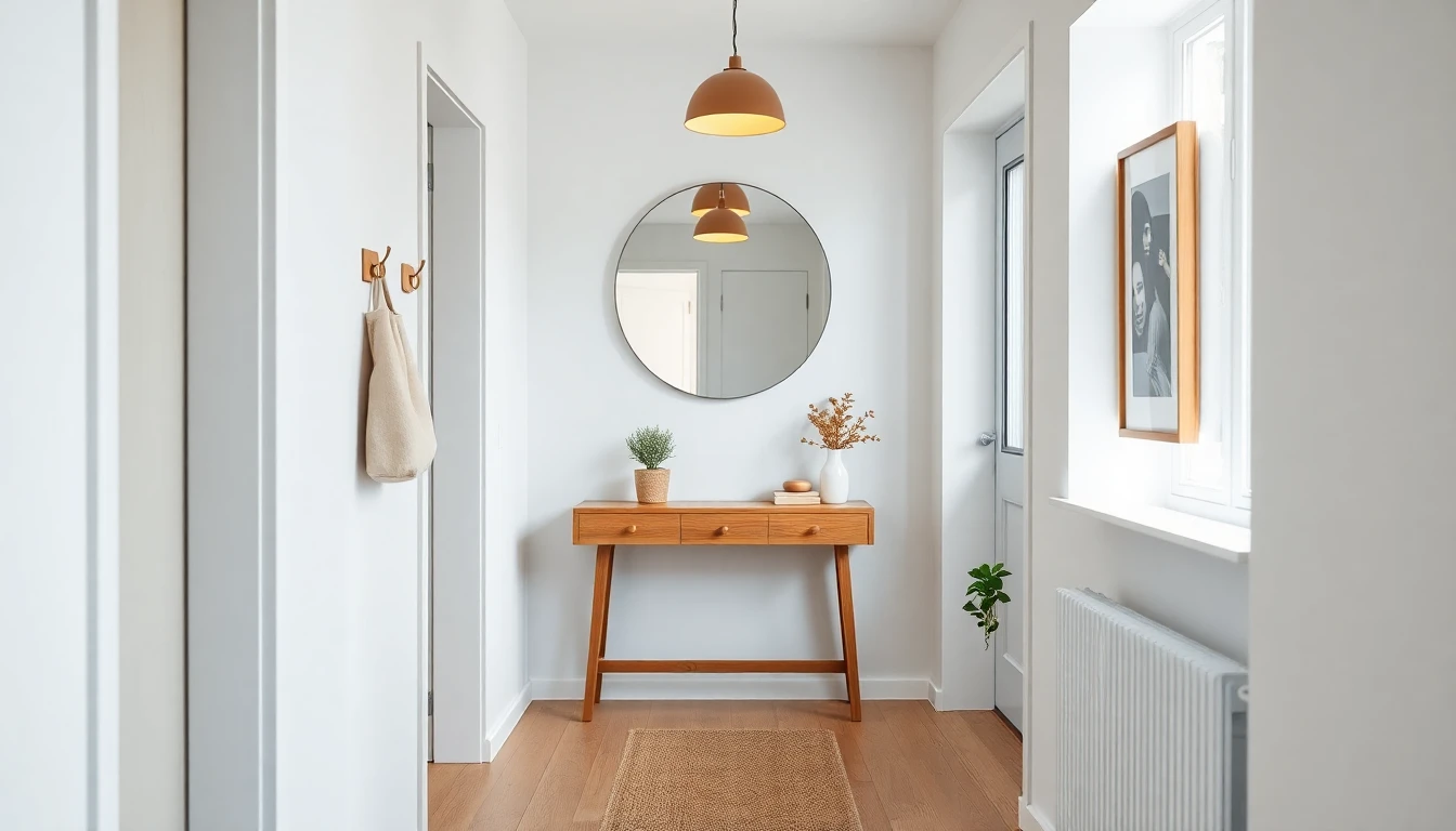 KI designter heller schmaler Flur mit Eichenkonsole, großem runden Spiegel, Pendelleuchte, Runner-Teppich und Bilderreihe
