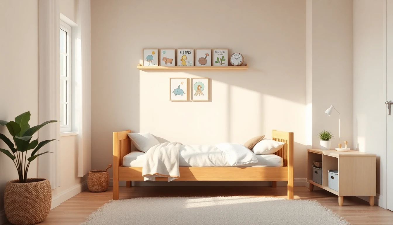KI gestaltetes warmes Kinderzimmer mit Holzbett, Pastelltextilien, Büchern und Körben auf niedrigem Regal und ruhiger neutraler Palette