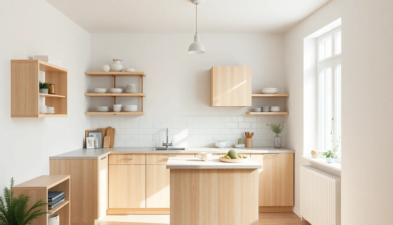 KI gestaltete kleine helle Küche in deutscher Wohnung mit hellen Holzfronten, offenen Regalen, Pendelleuchte und hellen Wandfliesen