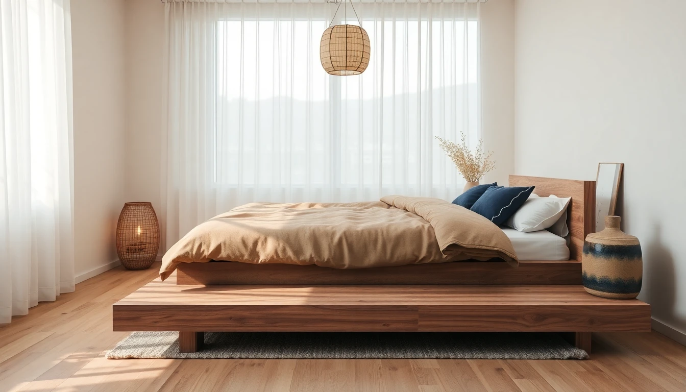KI generiertes ruhiges Schlafzimmer im Wabi-Sabi-Stil mit niedrigem Holzbett, Leinenbettwäsche in Erdtönen, Papierleuchte und Indigo-Akzent