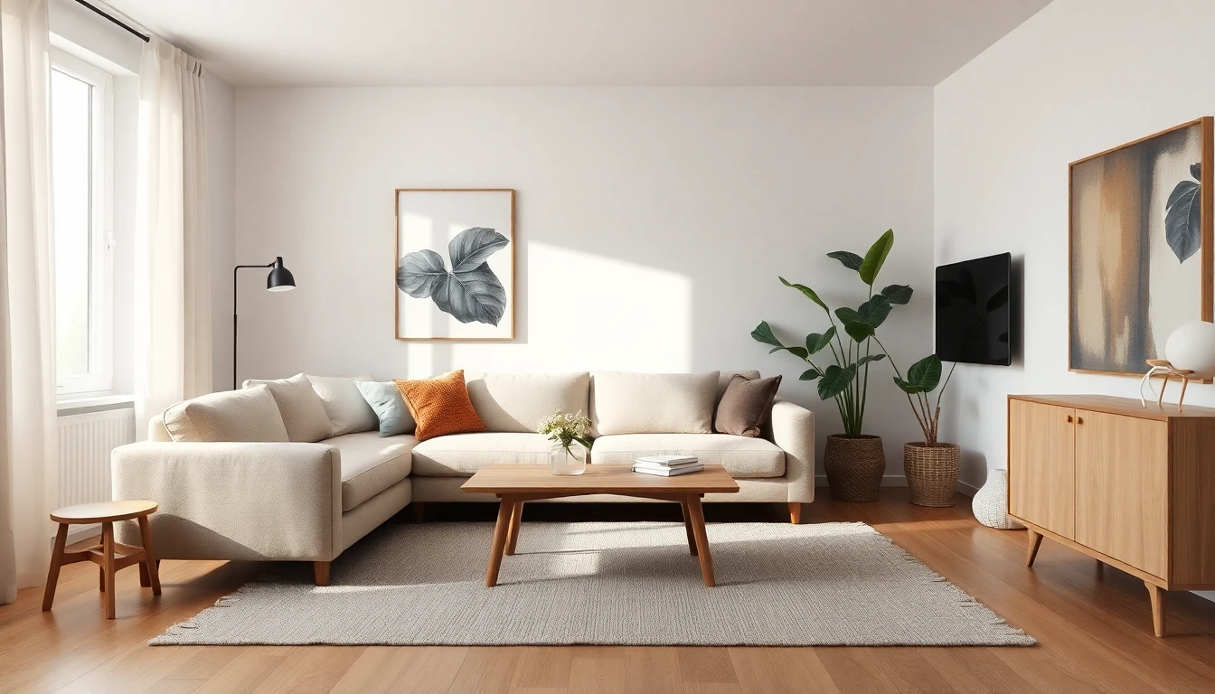 KI generiertes helles Wohnzimmer in warmem skandinavischen Stil mit beigem Leinensofa, Eichentisch, Wollteppich, Pflanze und abstrakter Wandkunst als Ergebnis einer KI Wohnungsdesign App