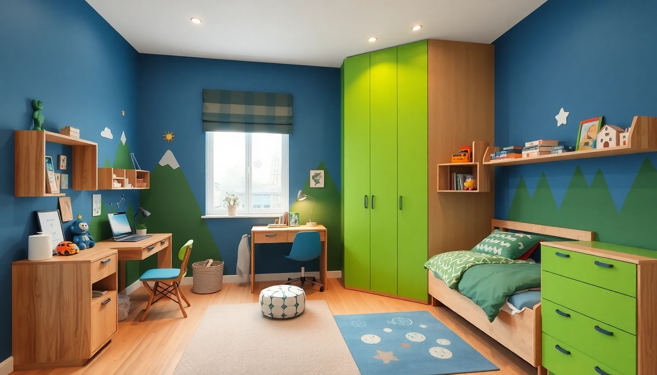 Jungenzimmer mit Abenteuer-Thema, blauen und grünen Farben und Holzmöbeln