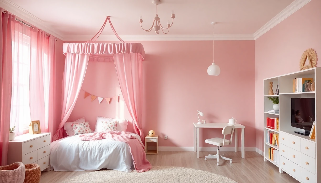 Mädchenzimmer in sanften Rosa- und Weißtönen mit Himmelbett und traumhafter Atmosphäre