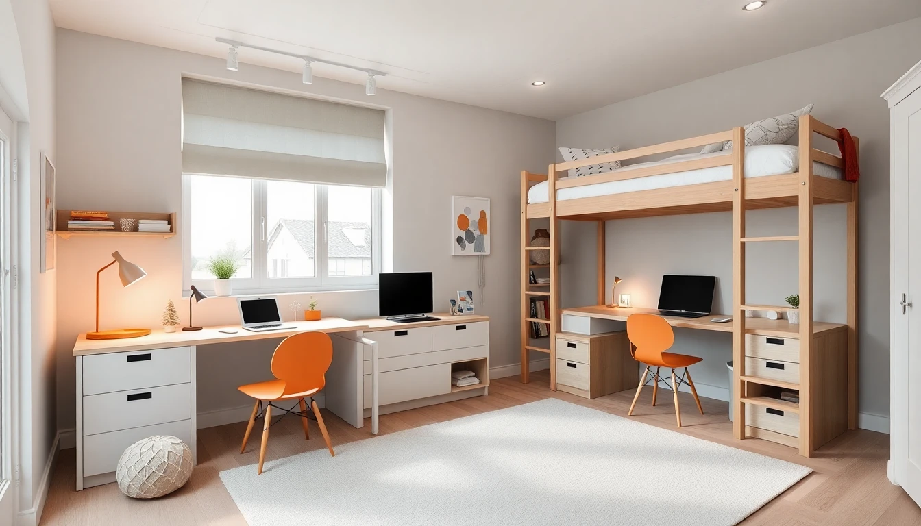 Geschwisterzimmer mit Etagenbett, zwei Schreibtischen und geteilten Bereichen