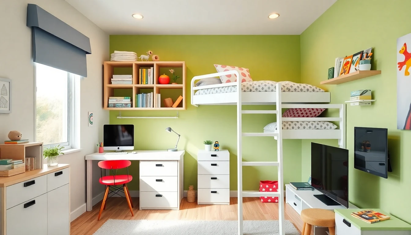 Kleines Kinderzimmer mit Hochbett, Schreibtisch darunter und cleverem Stauraum