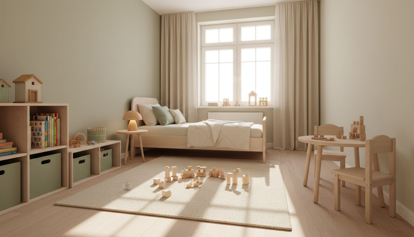 Helles Kinderzimmer mit Spielzone, Bett und Schreibtisch, eingerichtet nach einem KI-generierten Entwurf