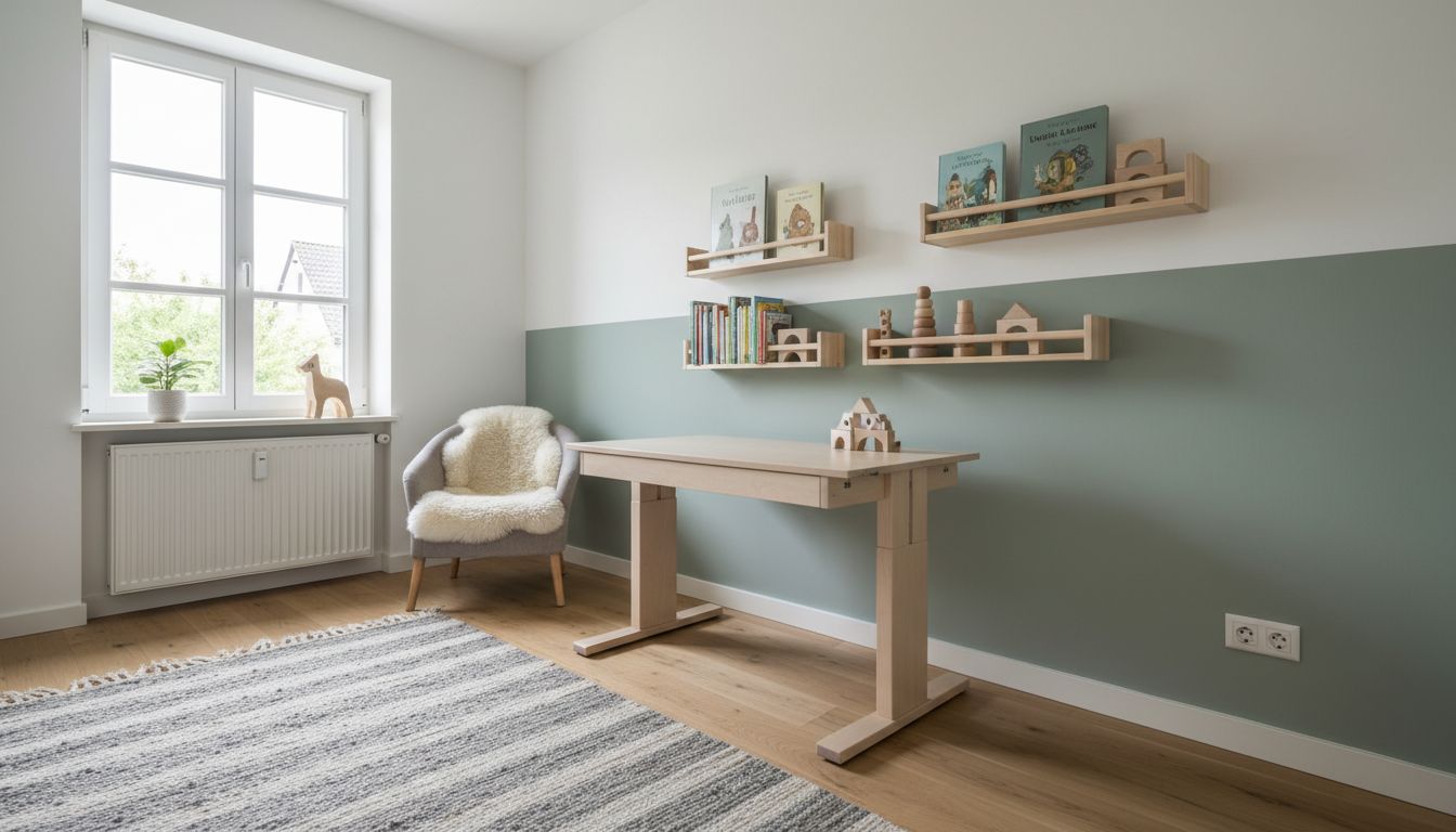 Kinderzimmer im skandinavischen Stil mit hellem Holzschreibtisch, offenen Regalen und neutraler Farbpalette