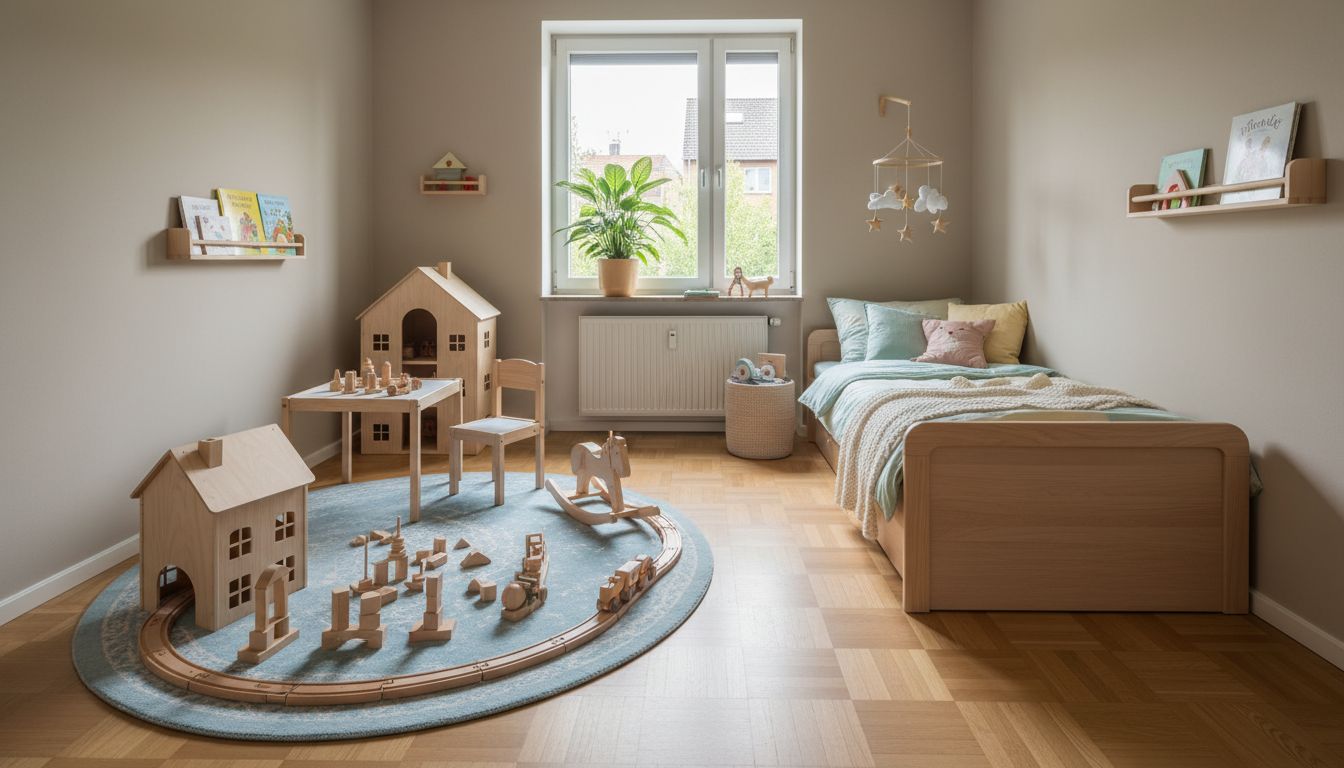 Kinderzimmer mit klar getrennter Spielzone auf einem Teppich und Schlafbereich mit Bett am Fenster