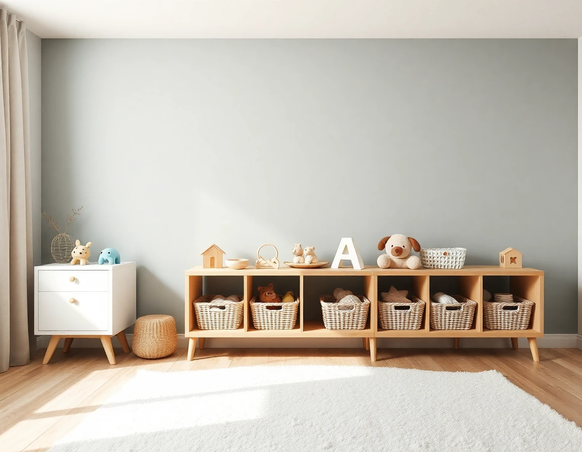 Skandinavisch eingerichtetes Kinderzimmer mit Hausbett aus hellem Holz, Rattankörben und Salbeigrün-Akzenten