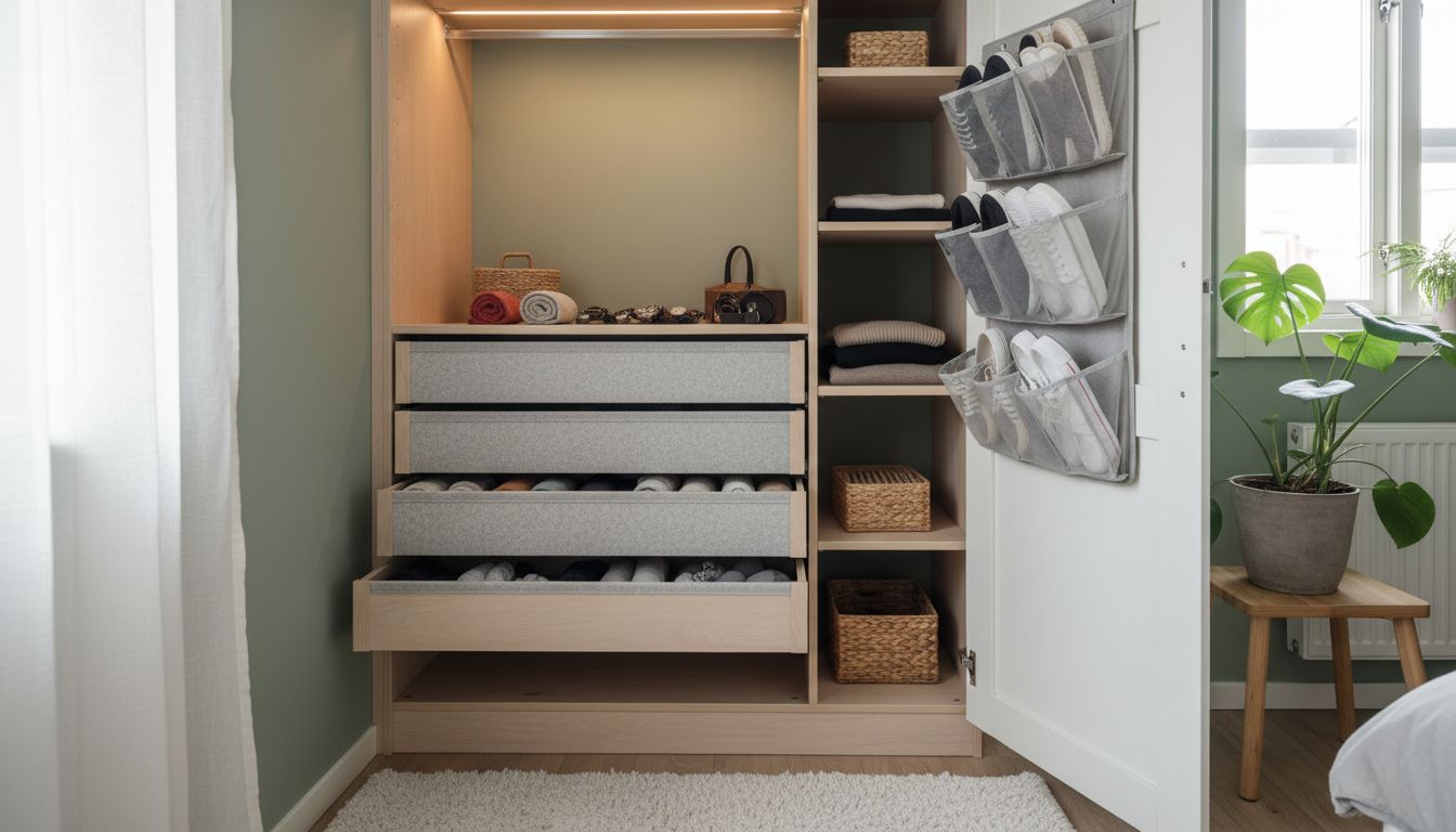 Kleiner Kleiderschrank mit Schubladenfächern für Socken und Accessoires sowie Schuhorganizer an der Tür