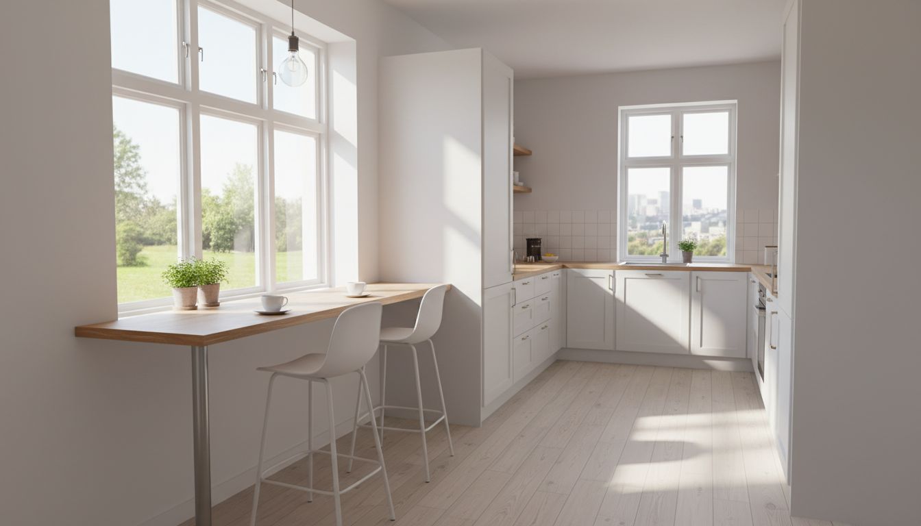 Kleine Küche mit integriertem Essplatz: Schmale Theke am Fenster mit Barhockern