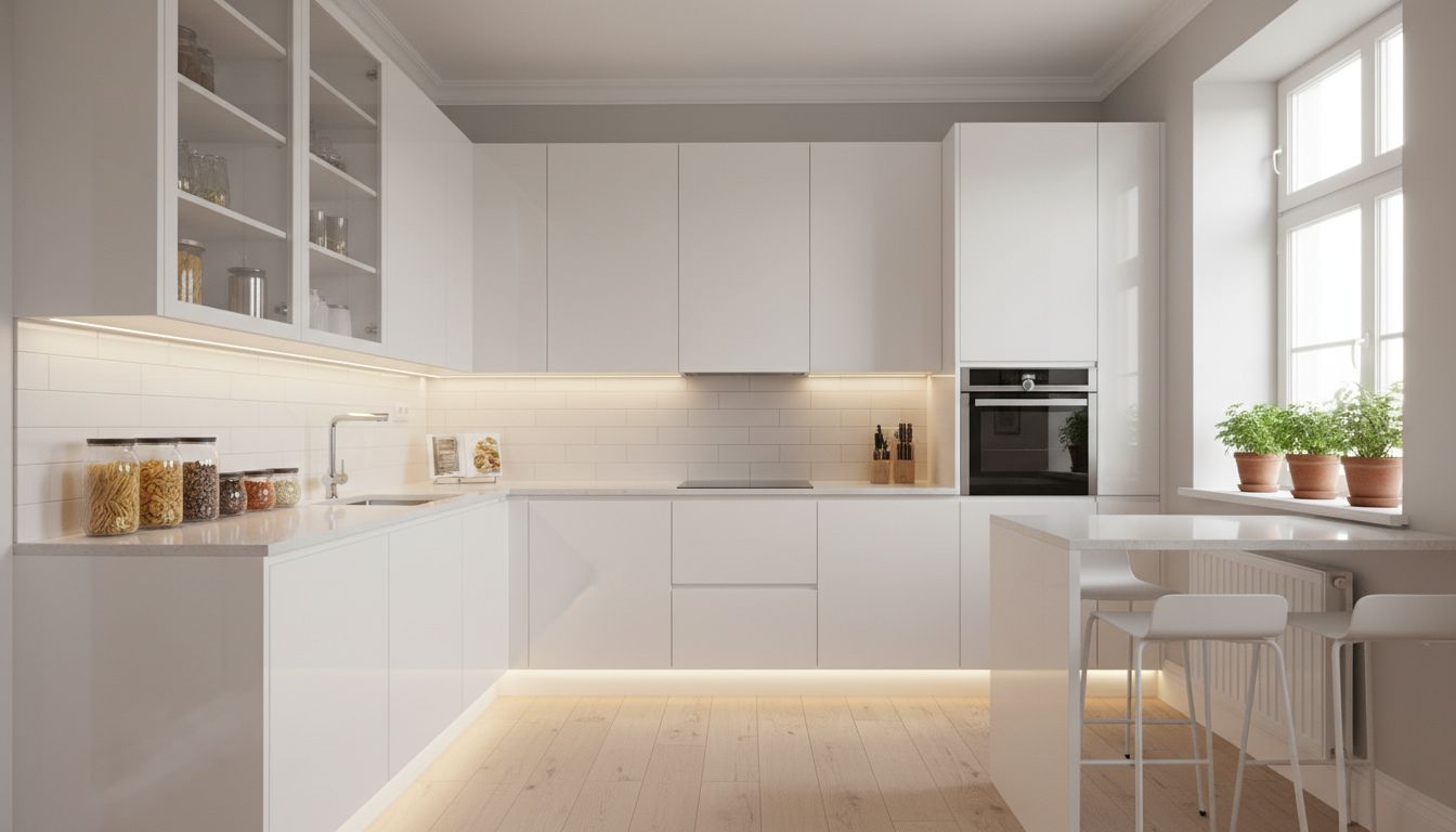 Komplett eingerichtete kleine Küche mit allen Optimierungen: helle Farben, cleverer Stauraum, integrierter Essplatz