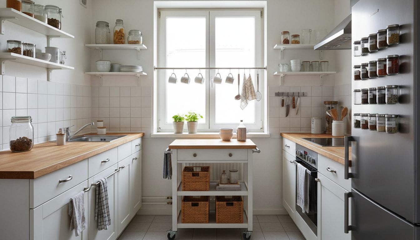 Kleine Mietküche mit cleveren, rückstandsfreien Lösungen: Kleberegale, Servierwagen, Hängeaufbewahrung