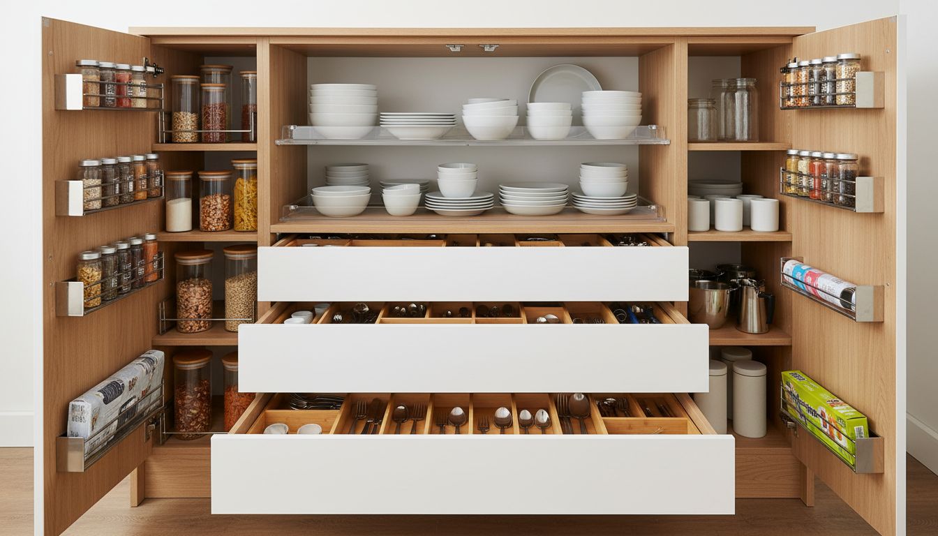 Optimal organisierter Küchenschrank mit Auszügen, Einsätzen und durchdachter Raumnutzung