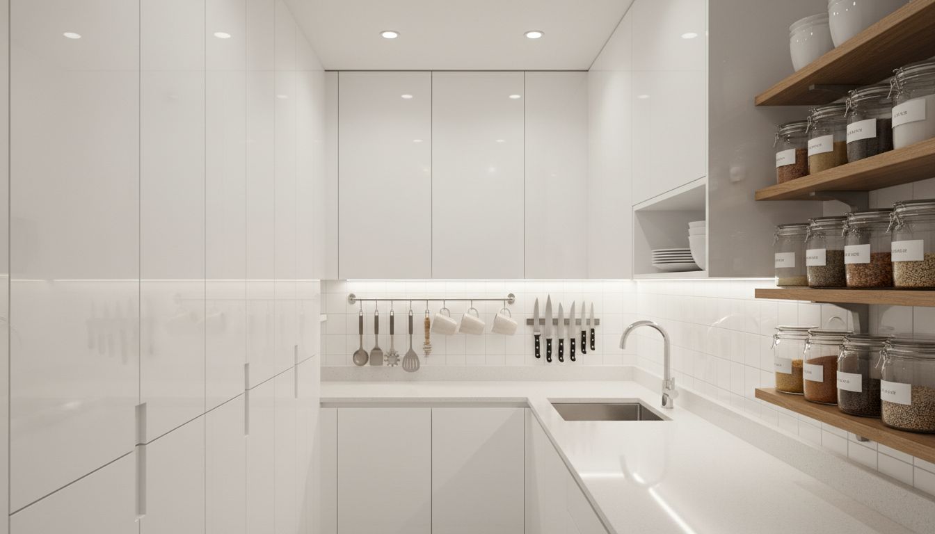 Kleine Küche mit vertikaler Stauraumnutzung: Hängeschränke bis zur Decke, Hakenleisten, Magnetleiste für Messer