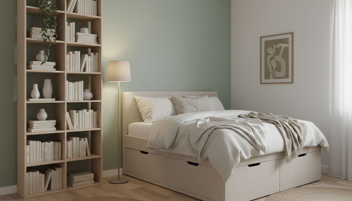Kleines Schlafzimmer mit hellgrüner Akzentwand, hohem schmalem Regal und dezenter indirekter Beleuchtung